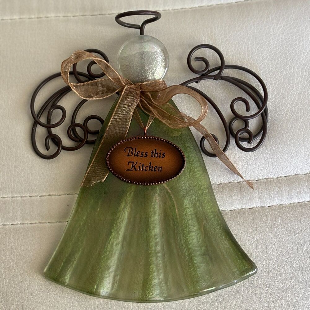 Handcrafted 6" Glass Bless This Kitchen Angel Figurine Wire Wings Kitchen Decor